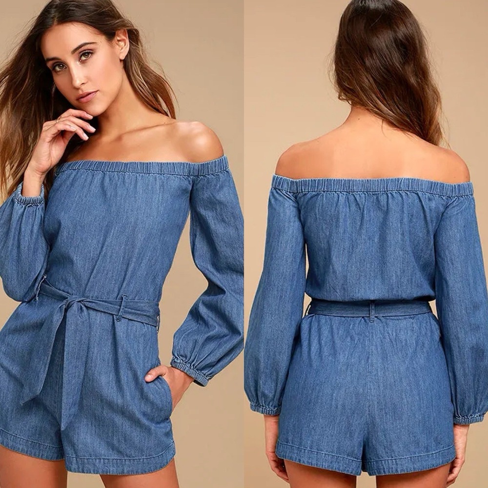Free People Tangled In Willows Denim Off Shoulder Romper 100% Cotton Retro XS